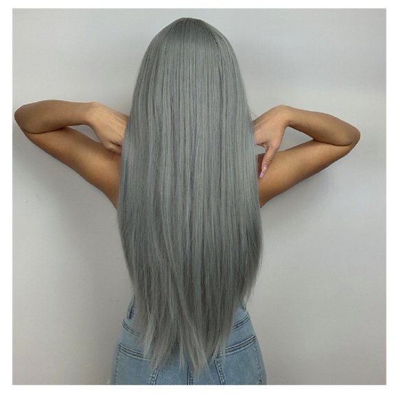 Long Straight Hair Wig with Bangs Ash Gray Wig - Hip Length - Picture 2 of 4